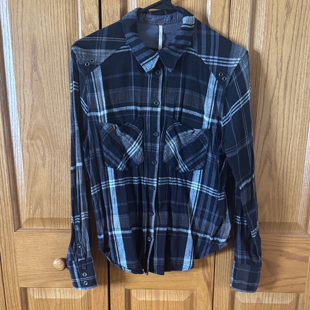 Free People Black and Gray Plaid Button-Down Shirt